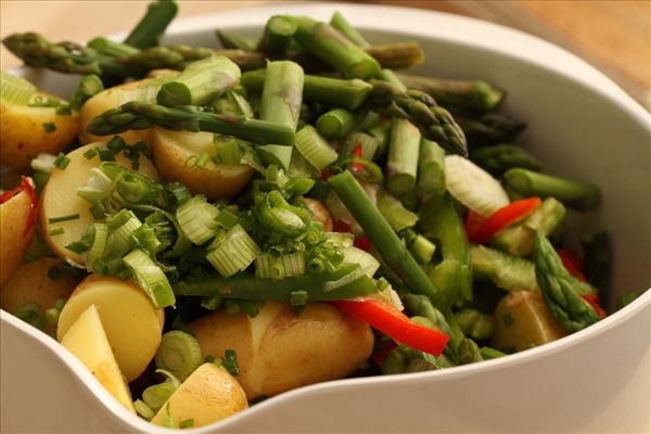 Kartoffelsalat med asparges og sennepsdressing