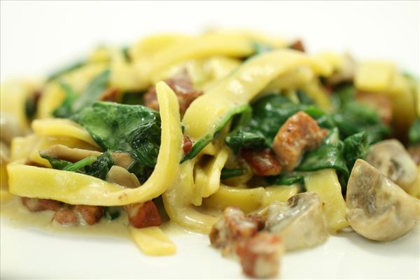 Frisk pasta med spinat, champignon og bacon