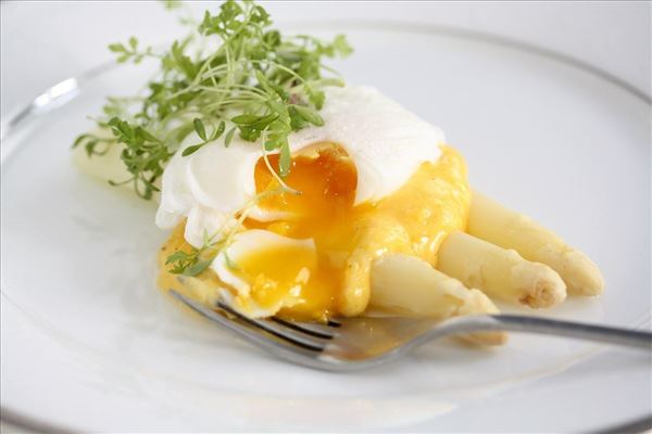 Hvide asparges med hollandaise og pocheret æg