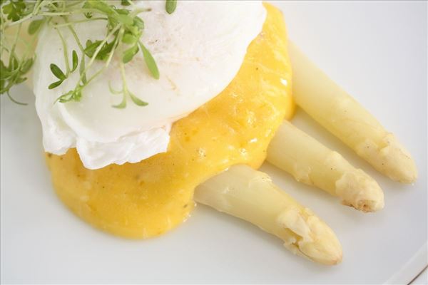 Hvide asparges med hollandaise og pocheret æg