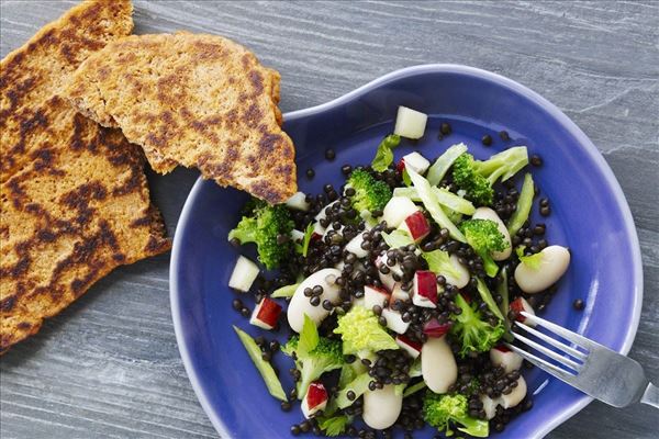 Farverig bønnesalat med tomatfladbrød